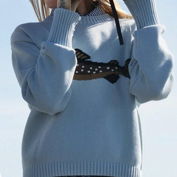 Blue Casual Women's Fish Graphic Long Sleeve Crew Neck Loose Knit  Sweater - Picture 2 of 6